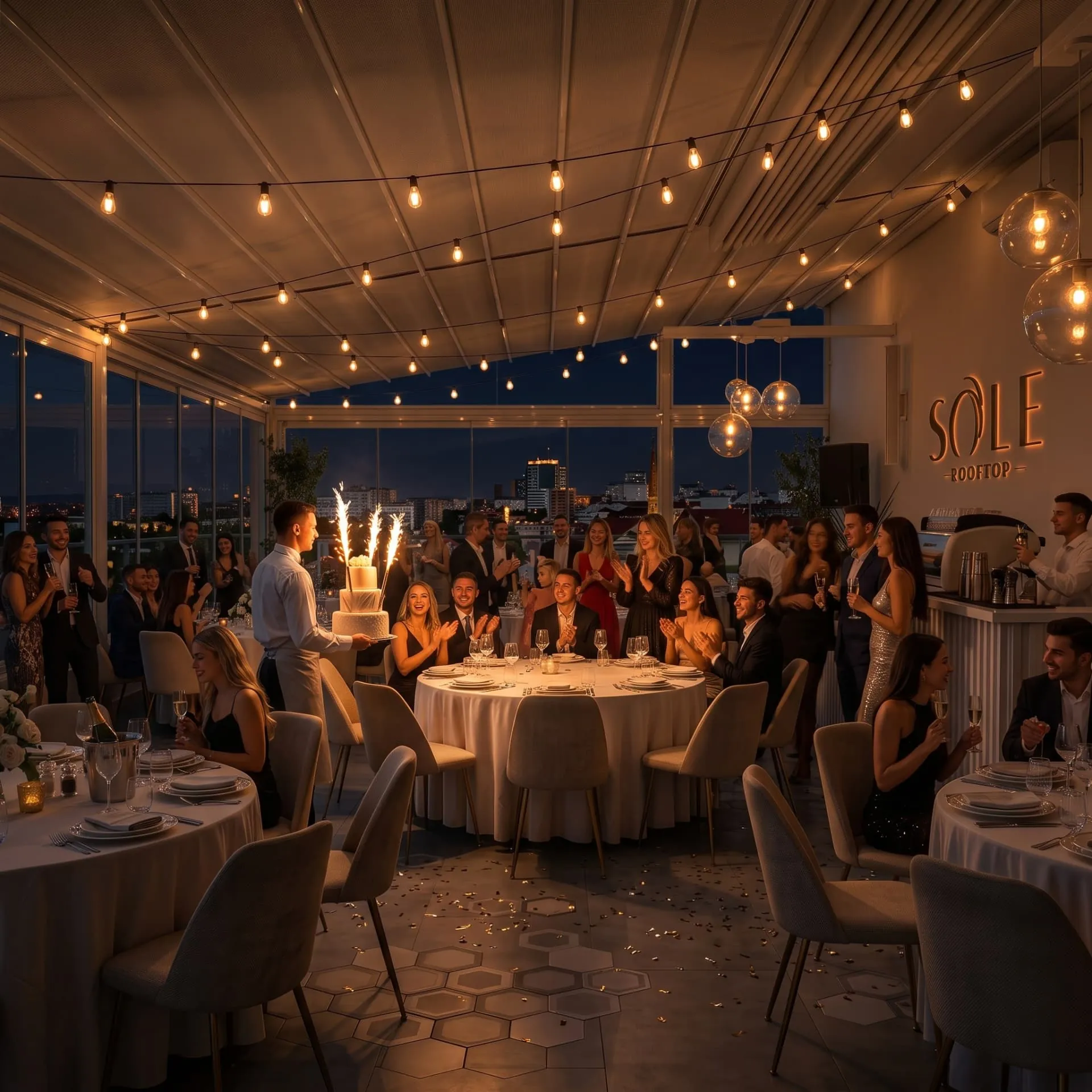 Petrecere aniversară seara la Sole Rooftop, cu tort cu artificii și invitați la mese rotunde