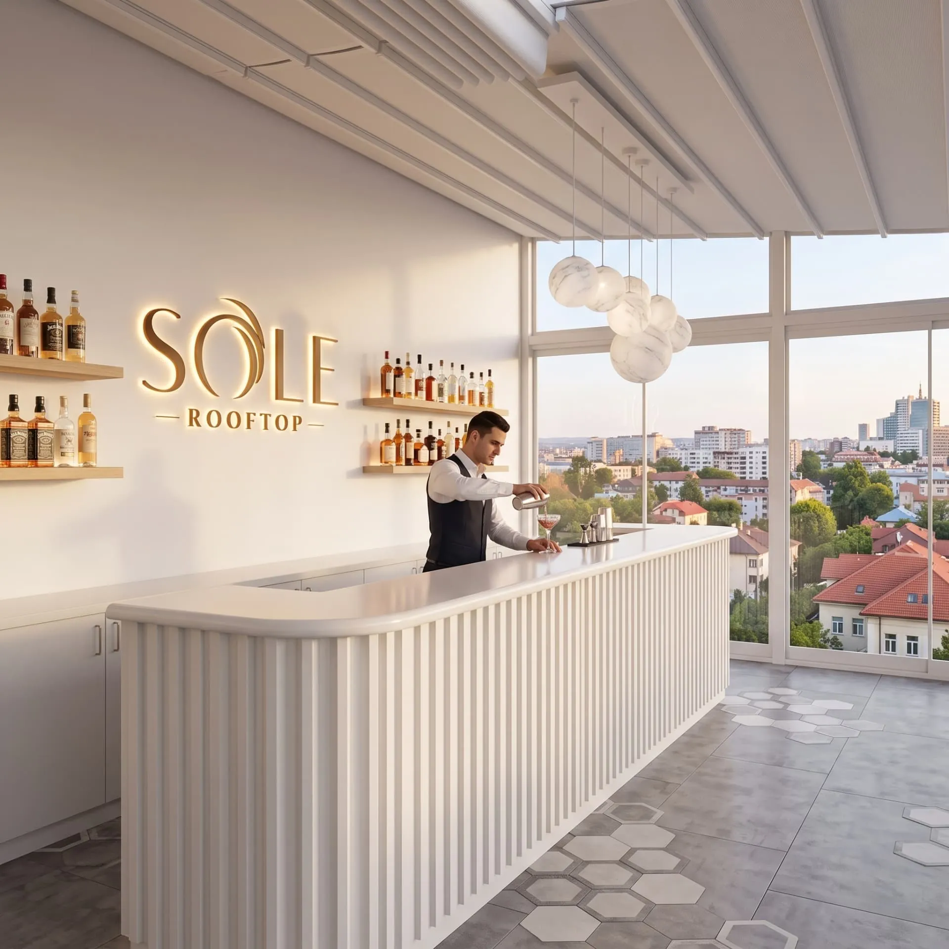 Barul Sole Rooftop, cu barman și firma luminoasă a locației