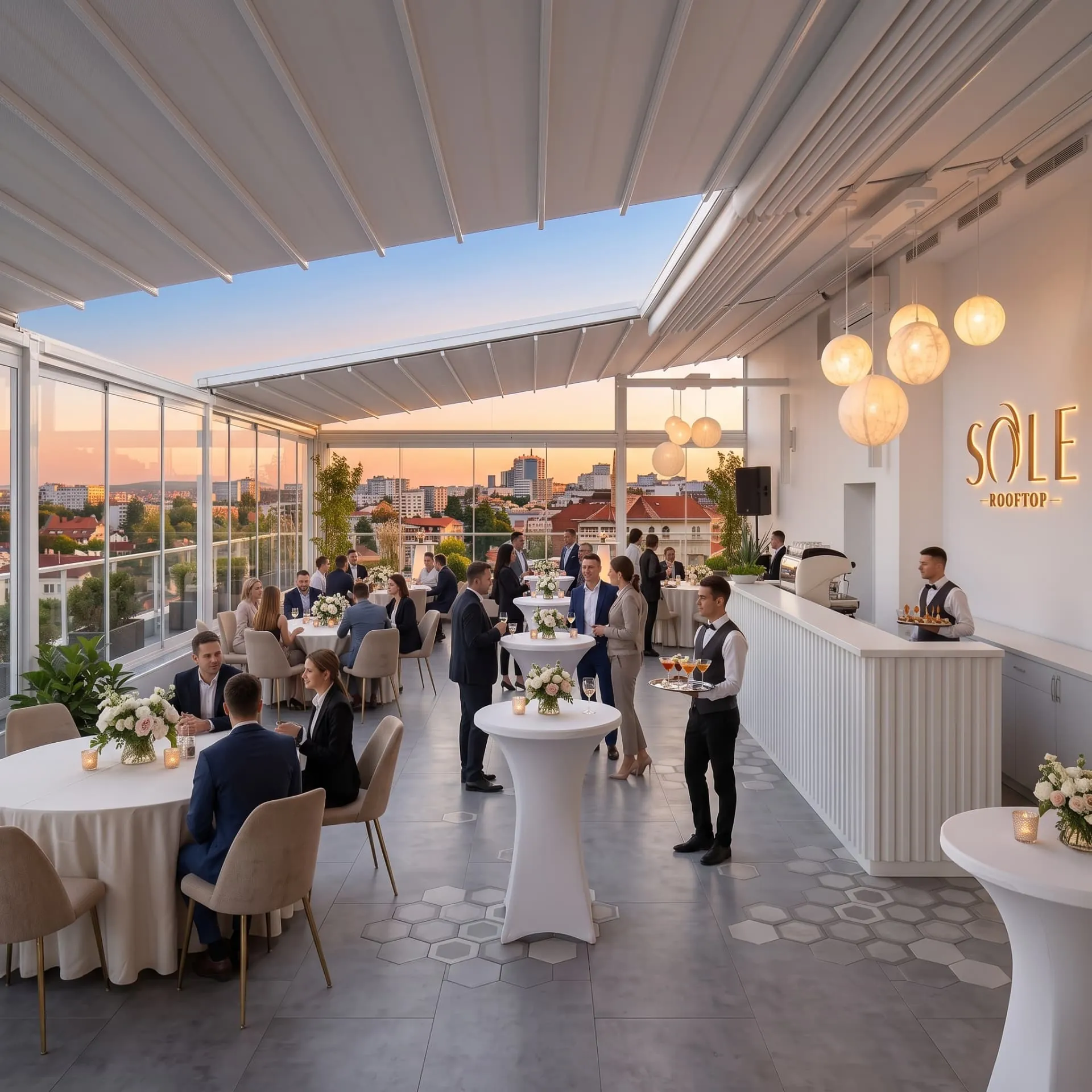 Eveniment corporate pe terasa acoperită Sole Rooftop, cu mese înalte de cocktail și ospătari