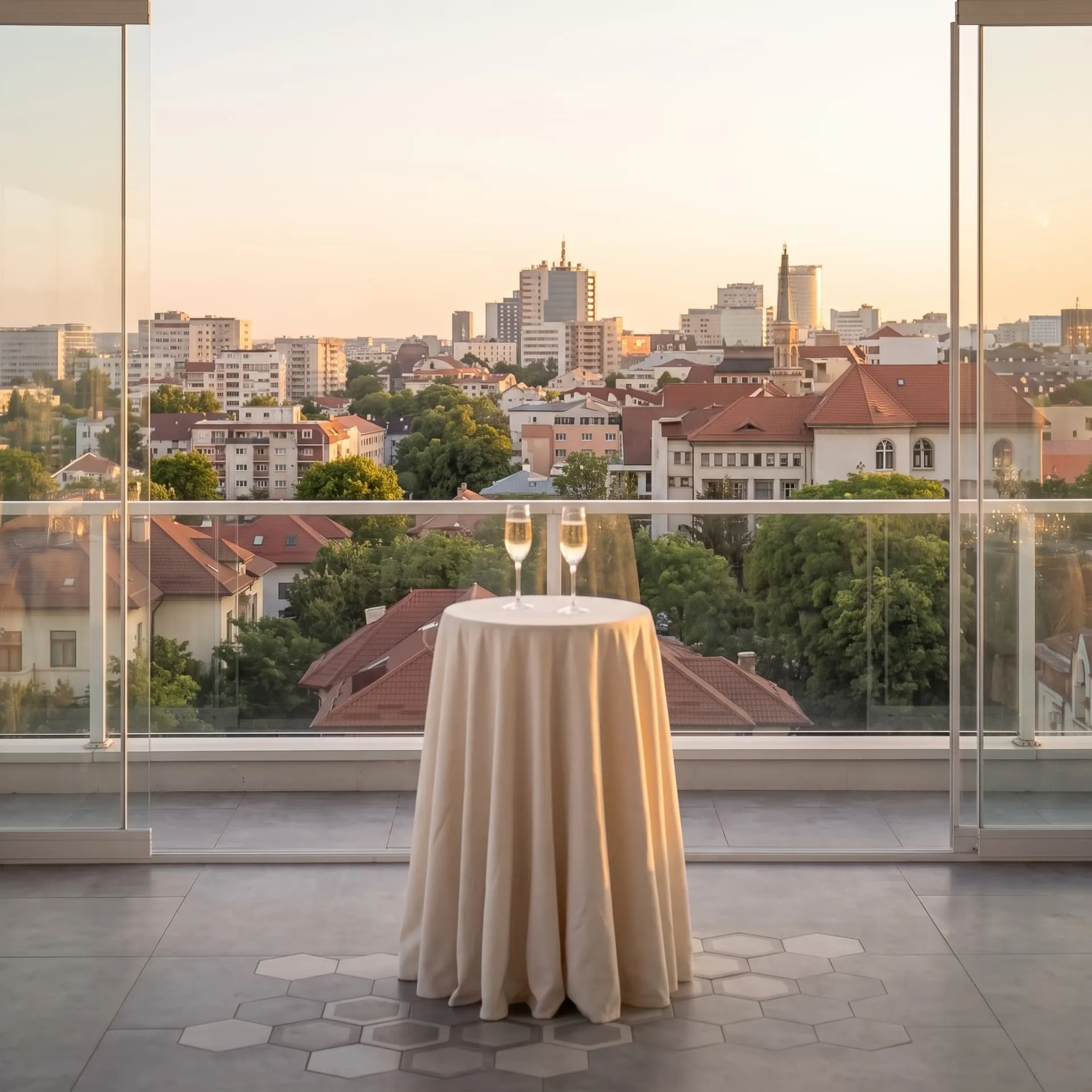 Priveliștea peste nordul Bucureștiului de pe terasa Sole Rooftop, la apus